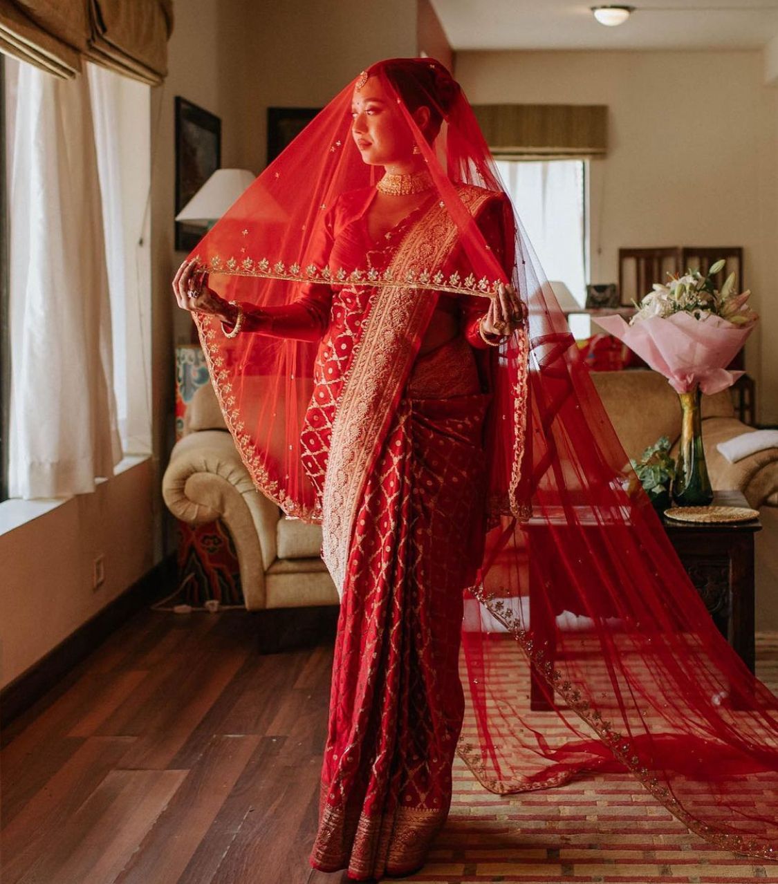 Bridal Red Banarasi Saree with Regal Veil & Zari Embroidery
