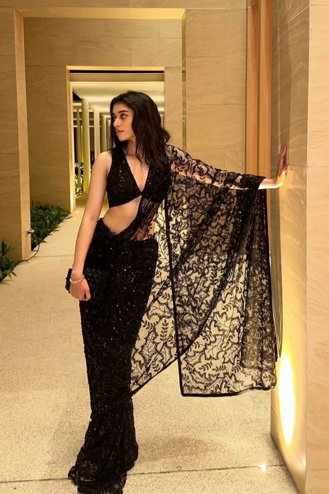 Midnight Black Sequin Net Party Saree