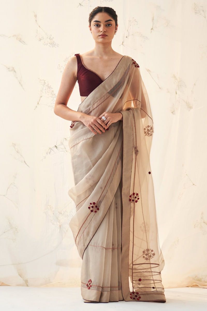 Beige Organza Saree with Floral Embroidery