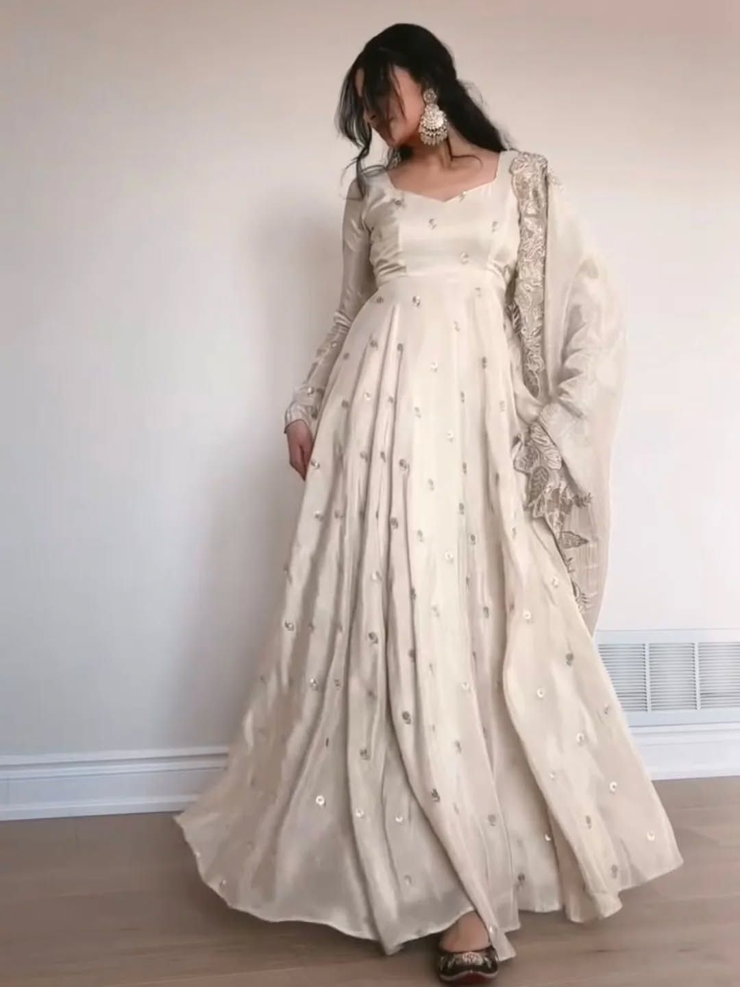 Ivory Pearl Embroidered Anarkali Gown with Dupatta