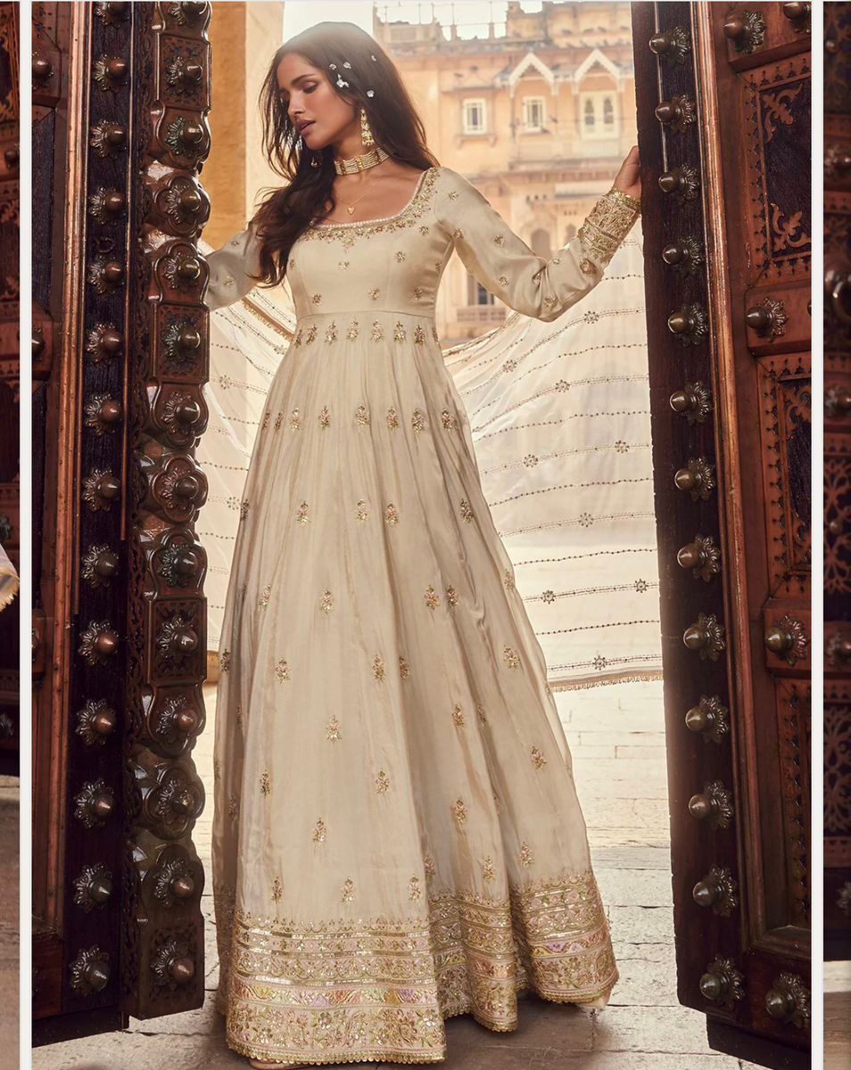 Royal Cream Embroidered Anarkali Gown with Dupatta